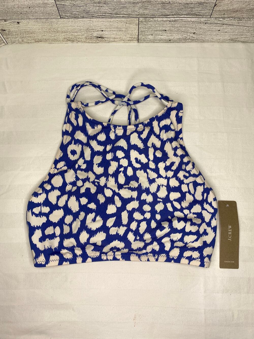 J Crew Bikini Top Small Blue Leopard Print High Neck Halter Swim NWT